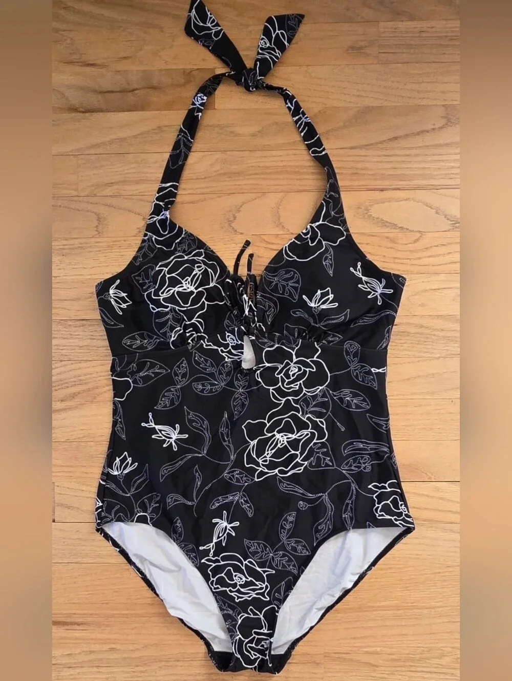 Black Floral One-Piece Swimsuit with Matching Sarong